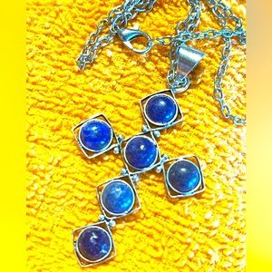 Lapis lazuli cross necklace silver tone w/chain 2” Hi India artisan